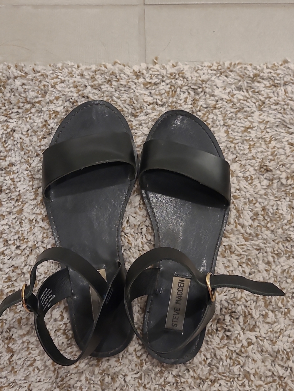 Steve Madden Black Ankle-Strap Slide Sandals with Gold Buckle